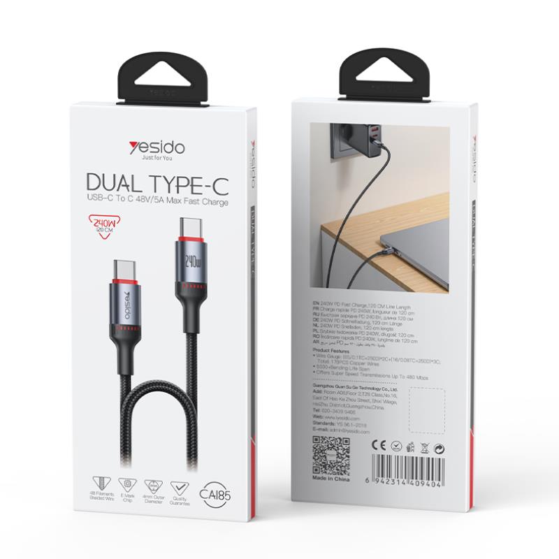 YESIDO CABLE CA185 240W TYPE-C/TYPE-C 1.2M 5A BLACK