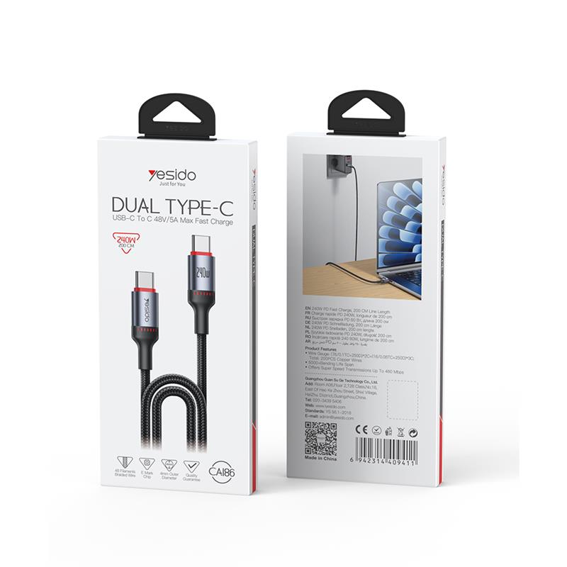 YESIDO CABLE CA186 240W TYPE-C/TYPE-C 2M 5A BLACK