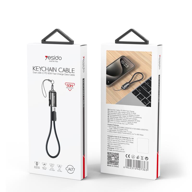 YESIDO CABLE CA177 FAST CHARGE 60W TYPE-C/TYPE-C 20CM 3A BLACK