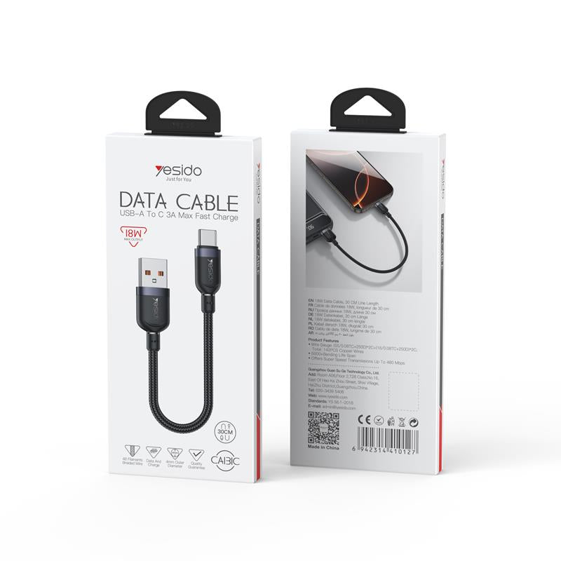 YESIDO CABLE CA131C 18W USB/TYPE-C 0,3M 2.4A BLACK