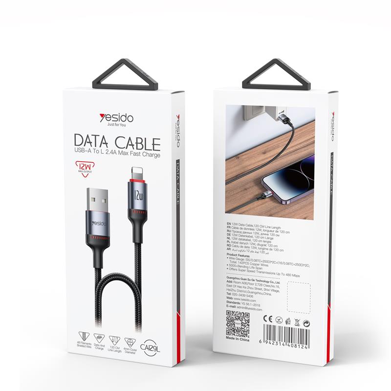 YESIDO CABLE CA129L 12W TYPE-C/LIGHTNING 1,2M 2A BLACK