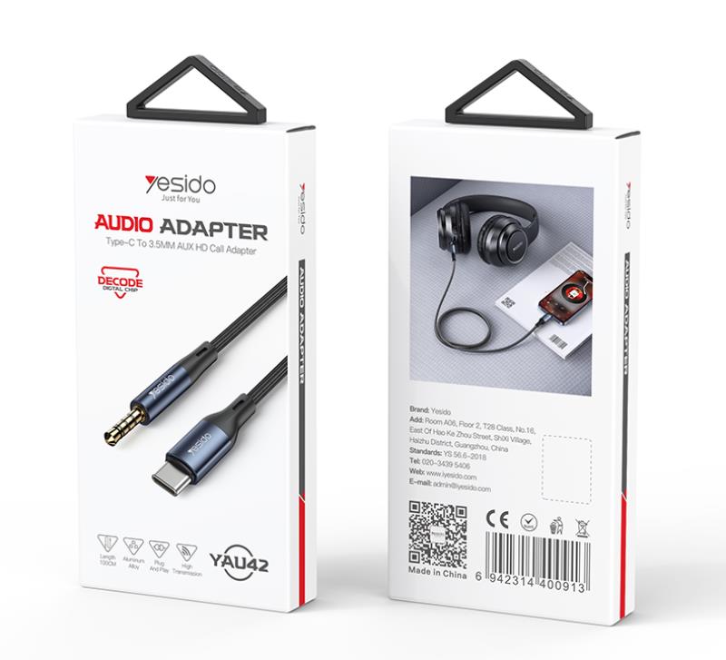 YESIDO AUDIO CABLE YAU42 TYPE-C/3,5 AUX MALE 1M BLACK