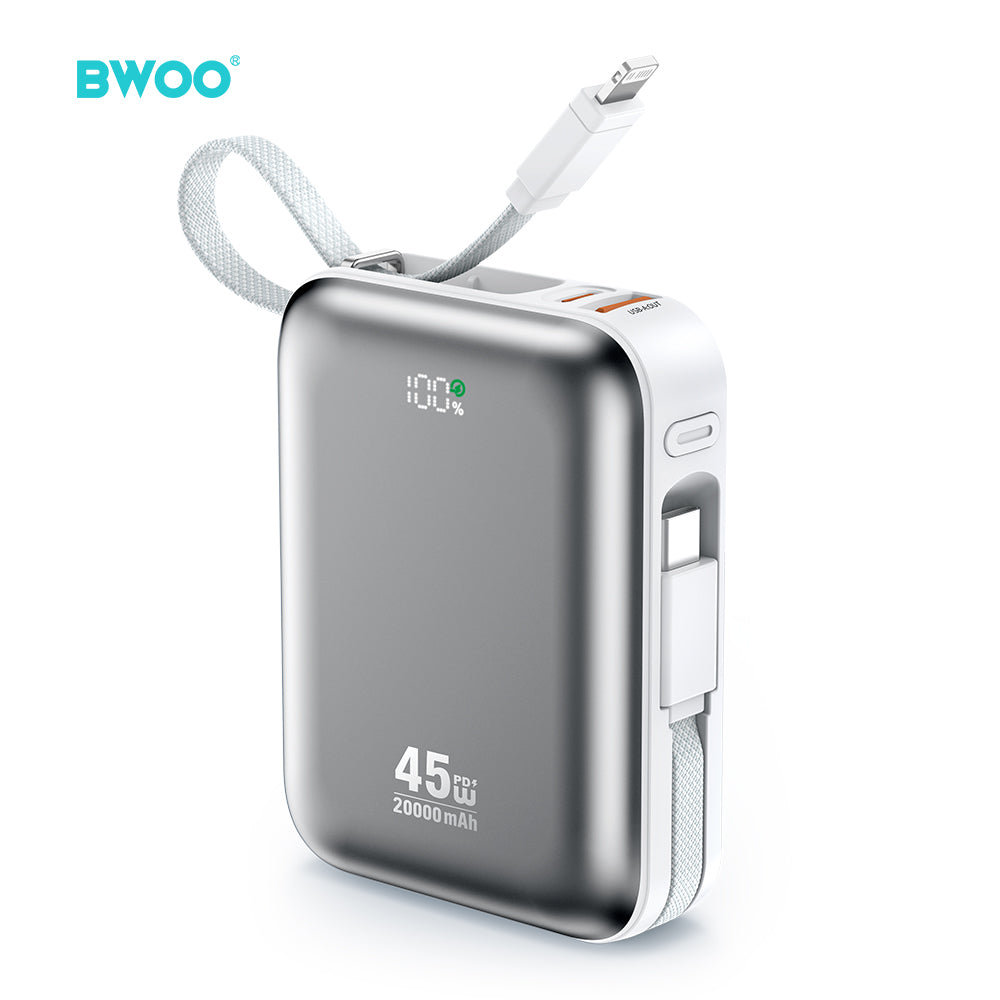 Chargeur portable BWOO 20000mAh PD45W 2 câbles USB-C Lightning P78 argent