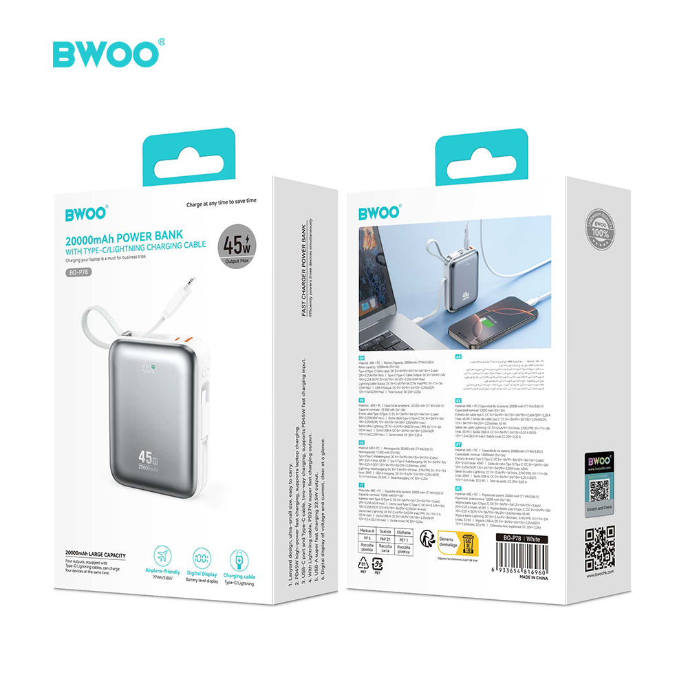 Chargeur portable BWOO 20000mAh PD45W 2 câbles USB-C Lightning P78 argent