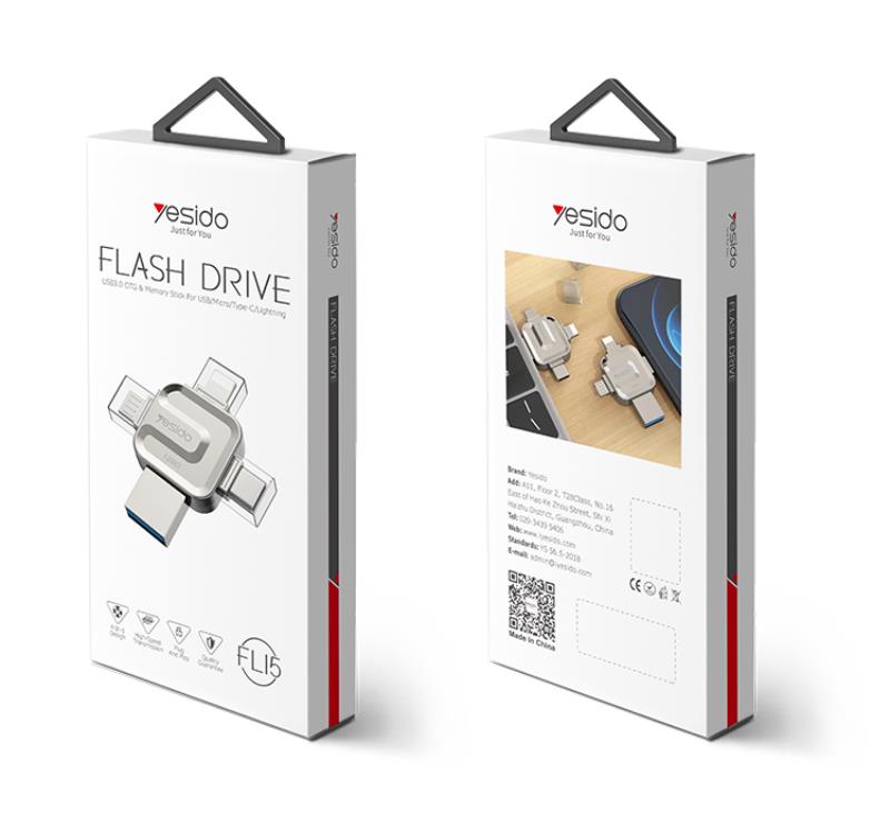 YESIDO FLASH DISK FL15 4IN1 OTG ADAPTER USB 3.0 16GB SILVER