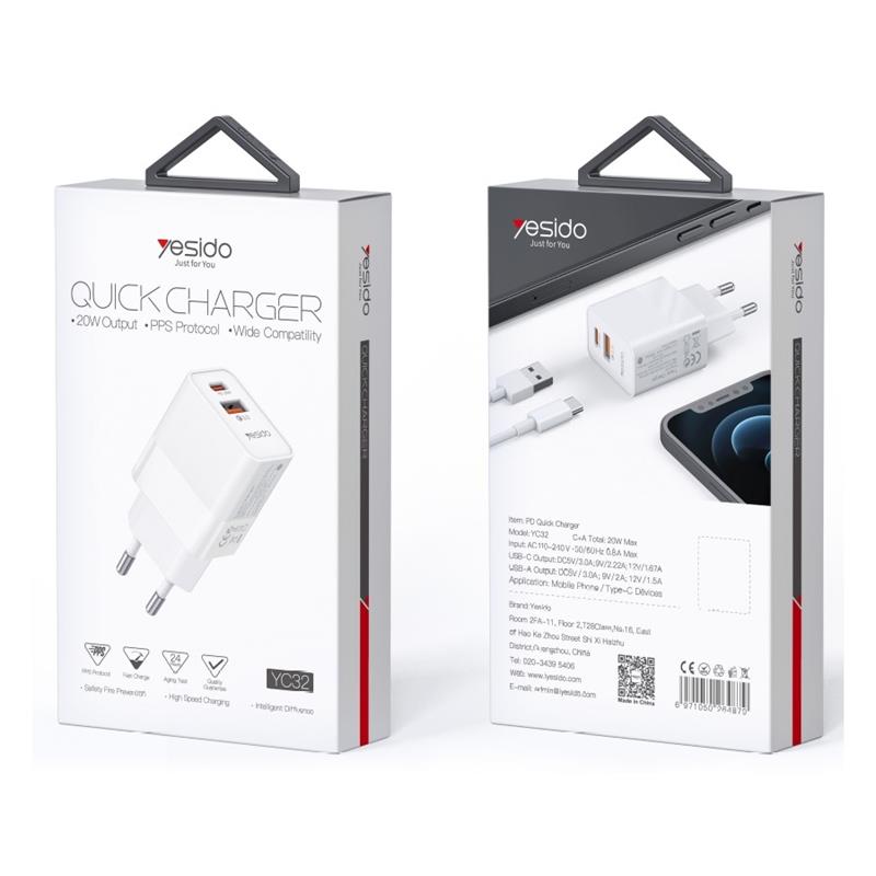 YESIDO WALL CHARGER YC32 PD 20W QC3.0 USB-A+C WHITE