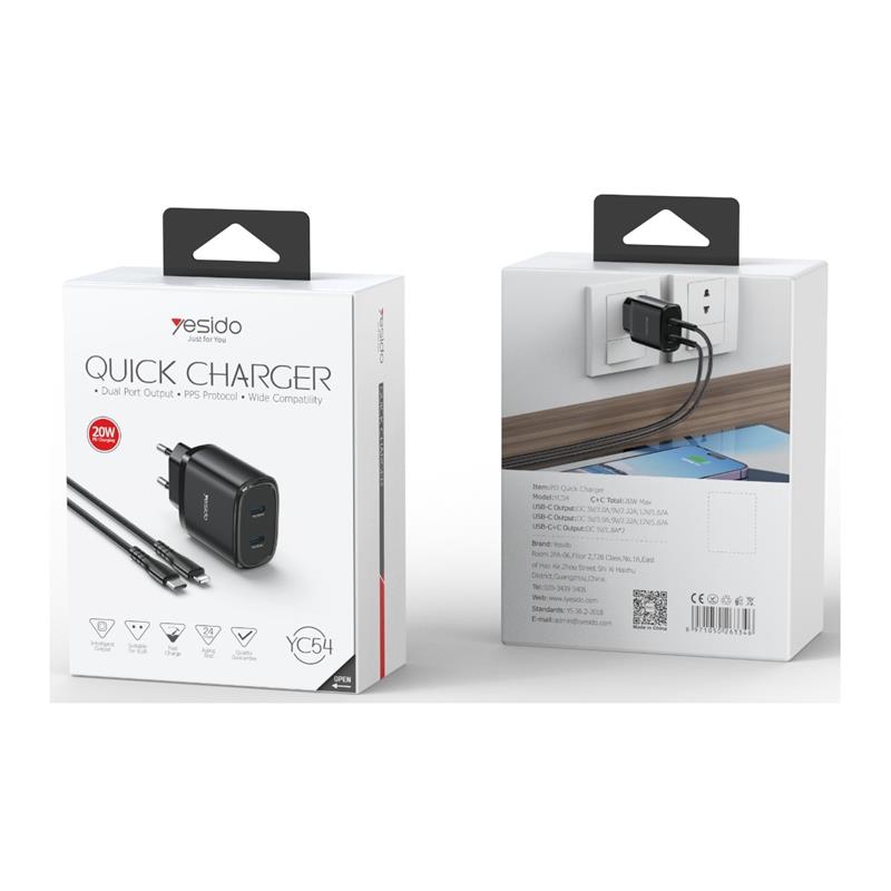 YESIDO WALL CHARGER YC54 PD 20W QC 2xUSB-C + TYPE-C/LIGHTNING CABLE 27W 1M BLACK