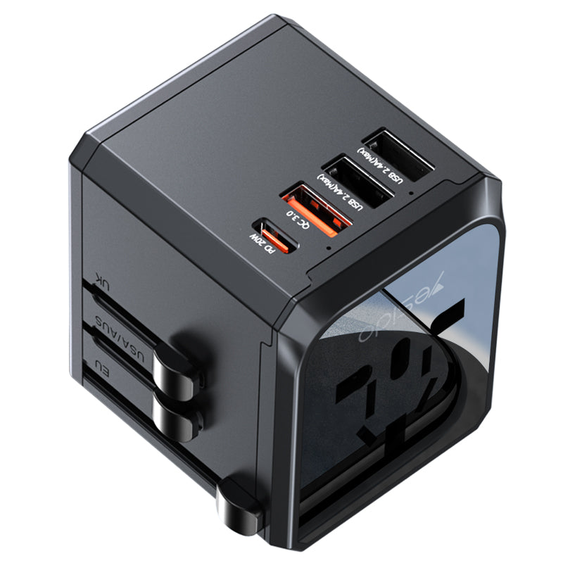 YESIDO MC24UNIOVERSAL ADAPTER UK/EU/US/AUX MAX 8A (3xUSB + USB-C) BLACK