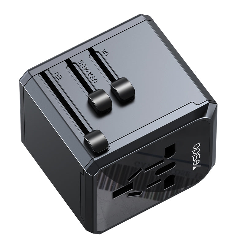 YESIDO MC24UNIOVERSAL ADAPTER UK/EU/US/AUX MAX 8A (3xUSB + USB-C) BLACK