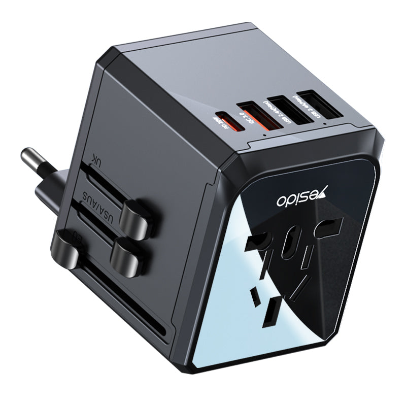 YESIDO MC24UNIOVERSAL ADAPTER UK/EU/US/AUX MAX 8A (3xUSB + USB-C) BLACK