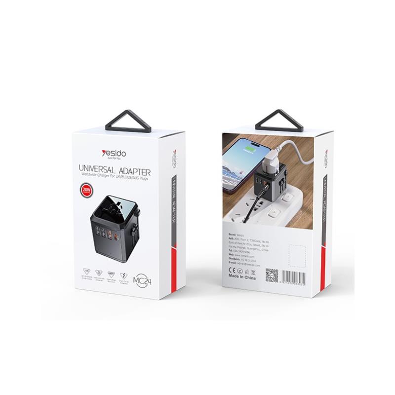 YESIDO MC24UNIOVERSAL ADAPTER UK/EU/US/AUX MAX 8A (3xUSB + USB-C) BLACK