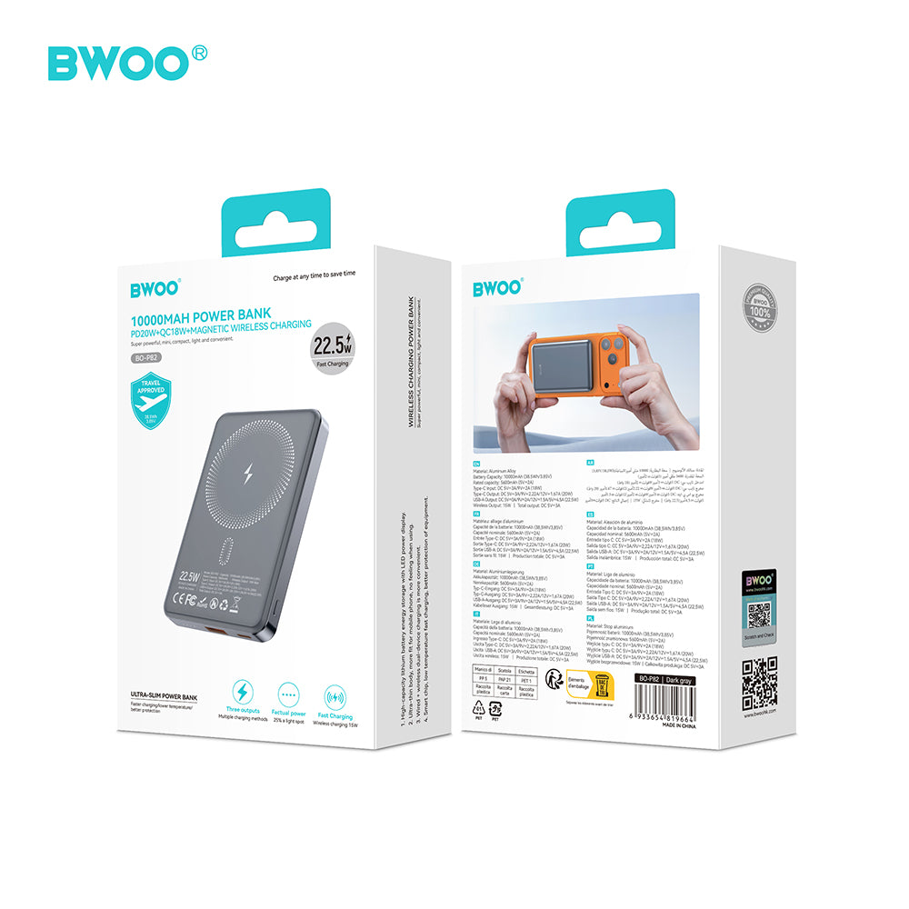 Chargeur BWOO P82 BO 10000mAh 15W sans fil magnétique gris