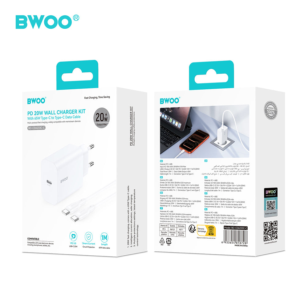 BWOO wall charger CDA233 PD 20W 1x USB-C with USB-C - USB-C cable white