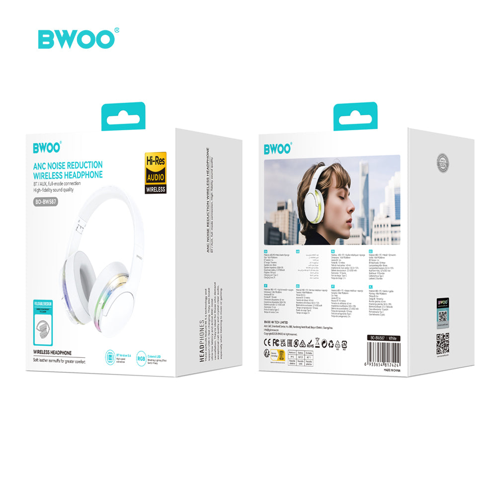 Casque sans fil BWOO BW587 — Réduction de bruit active, 10h autonomie, blanc