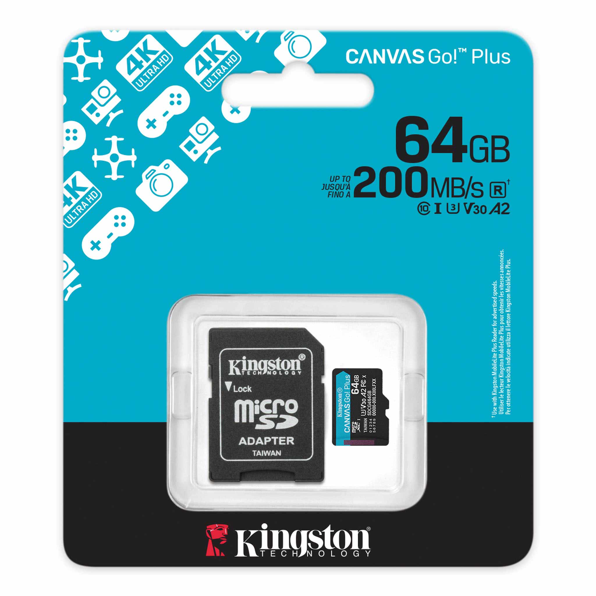 Kingston memory card 64GB microSDXC Canvas Go Plus Gen4 200MB/s A2 U3 V30 Card + Adapter