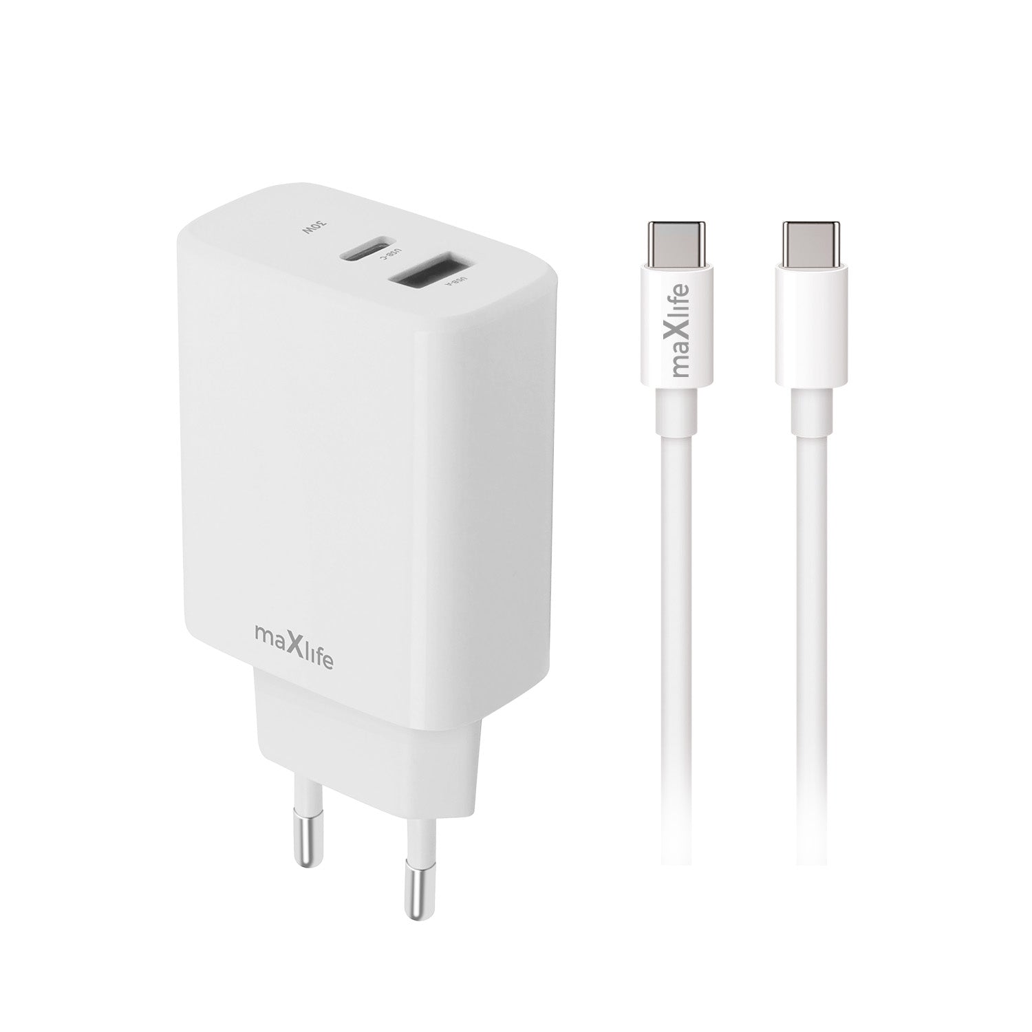Maxlife MXTC-10-30AC PD QC charger 1x USB-C 1x USB 30W white + USB-C - USB-C cable 60W