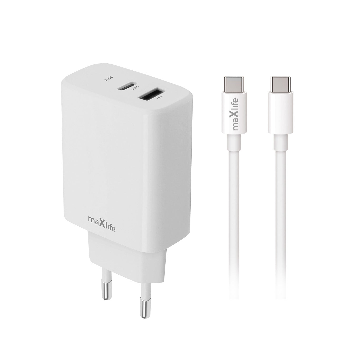 Maxlife MXTC-10-20AC PD QC charger 1x USB-C 1x USB 20W white + USB-C - USB-C cable 20W
