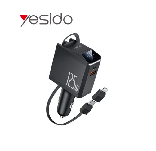 YESIDO CAR CHARGER Y71 125W FAST CHARGING 4in1 LED + C+iP CABLE 65W BLACK