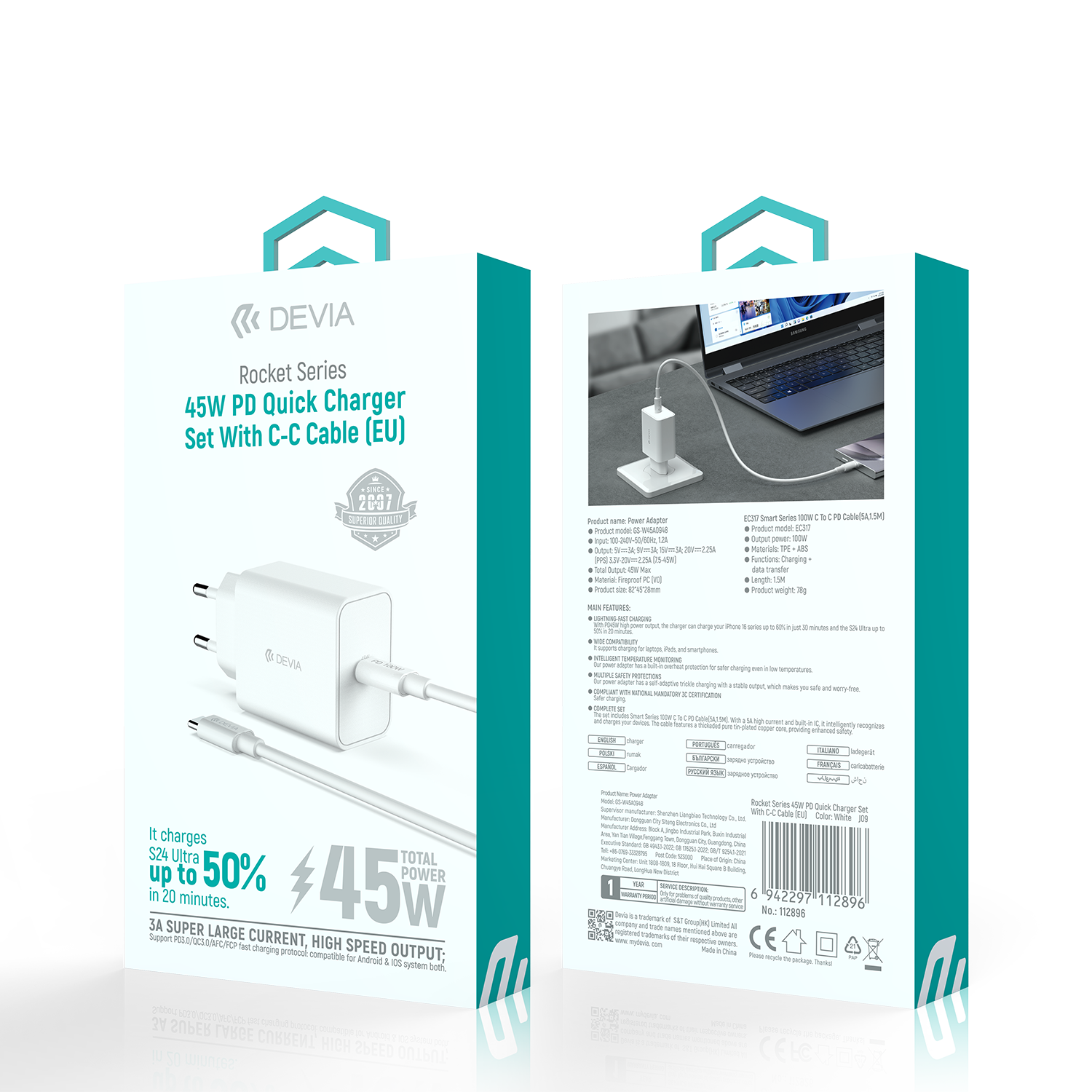 Devia wall charger Rocket PD 45W 1x USB-C white + cable USB-C - USB-C