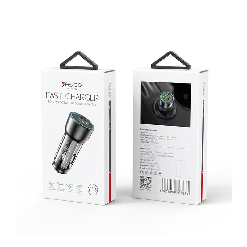 YESIDO CAR CHARGER Y49 PD 30W QC3.0 18W USB-A+C BLACK