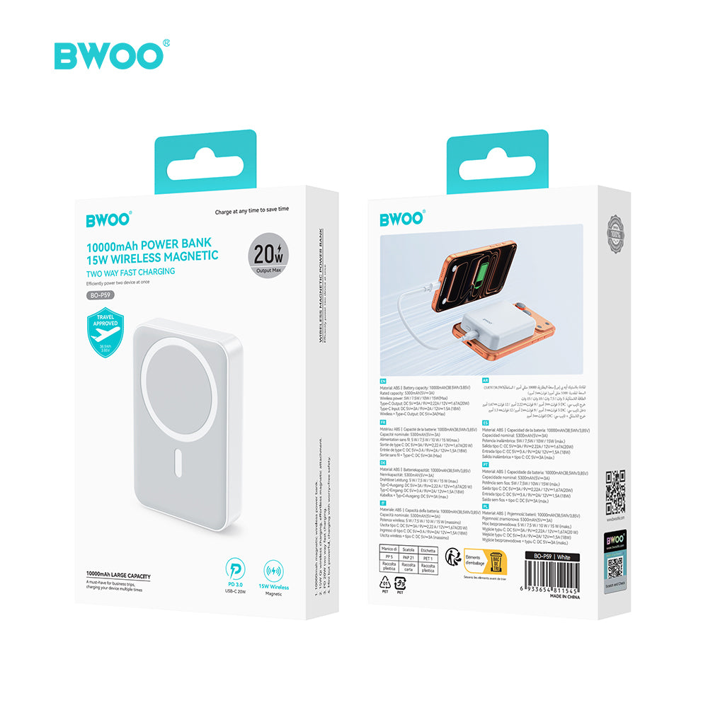 Chargeur BWOO 20W 10000 mAh sans fil magnétique blanc