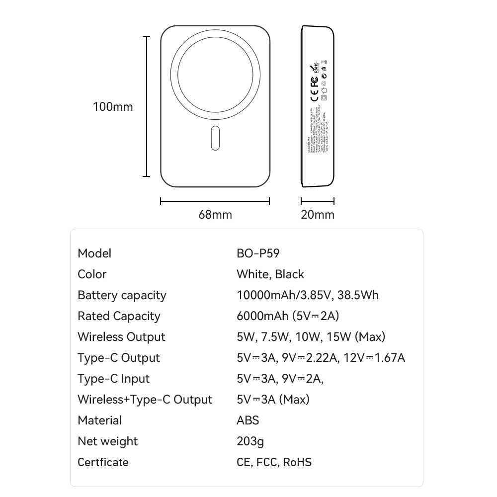 Chargeur BWOO 20W 10000 mAh power bank magnétique noir