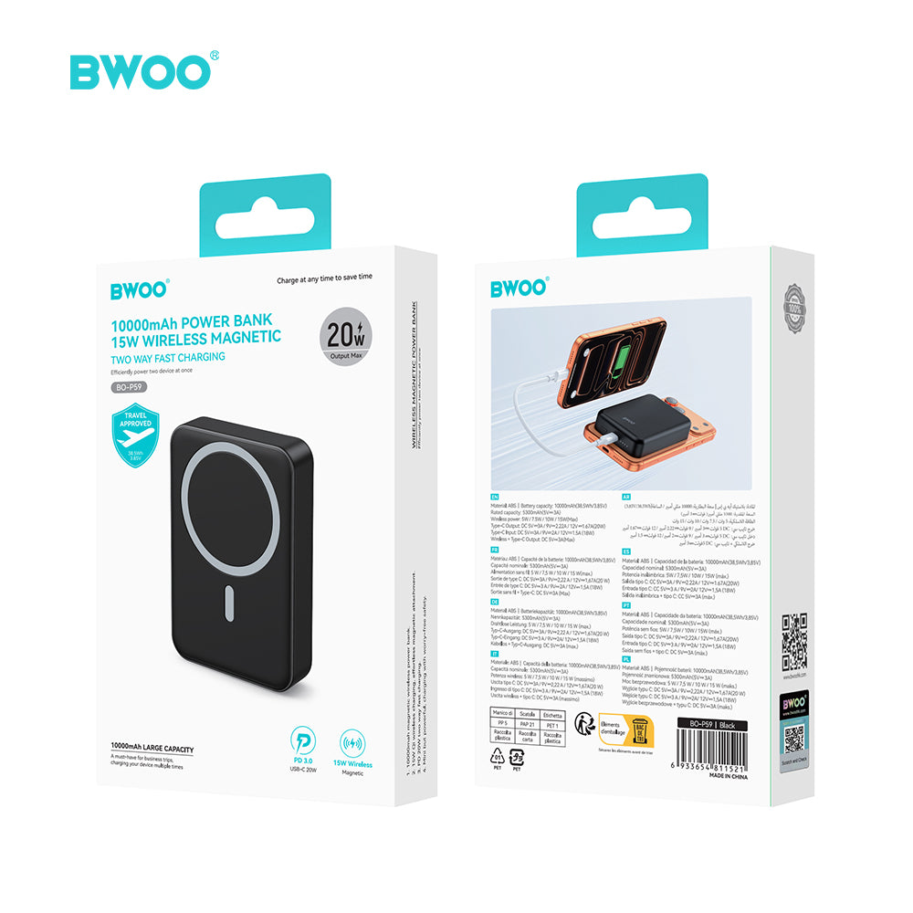 Chargeur BWOO 20W 10000 mAh power bank magnétique noir