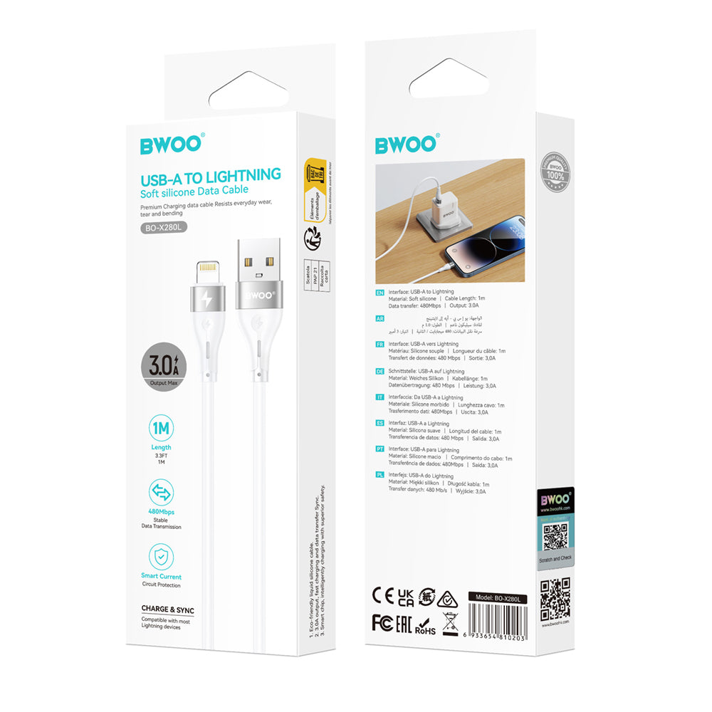 BWOO Cable USB - Lightning 1m 3A Minimalist Silicone White X280L