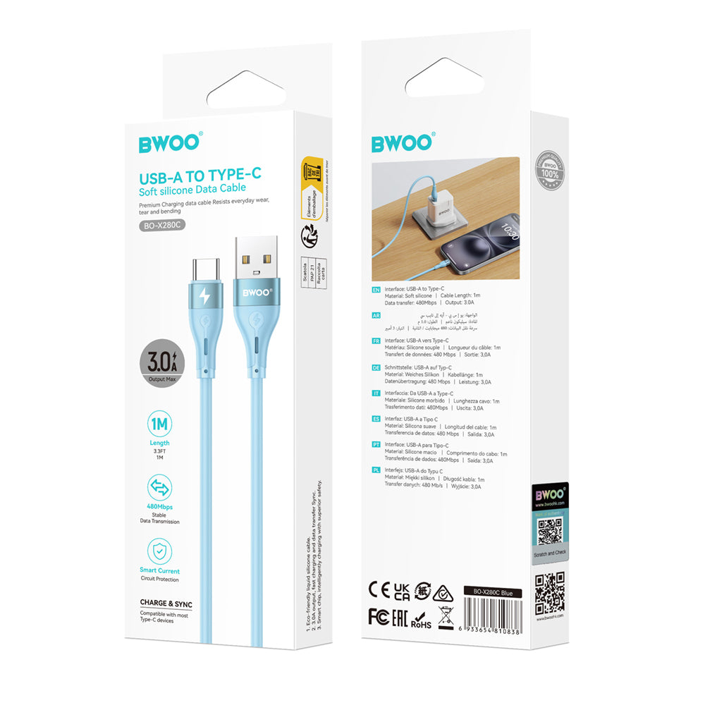 BWOO Cable USB - USB-C 1m 3A Minimalist Silicone Blue X280C