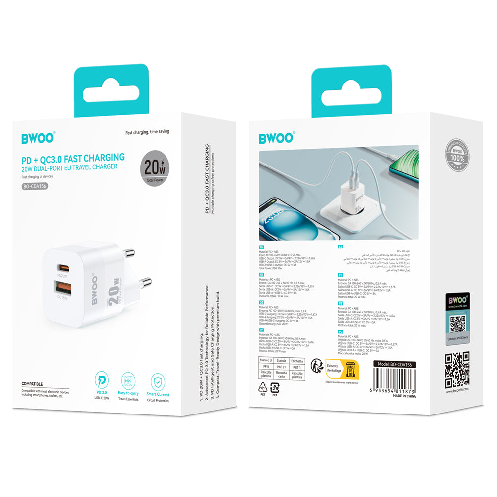 BWOO CDA156 PD wall charger 1x USB-C 1v USB 20W white