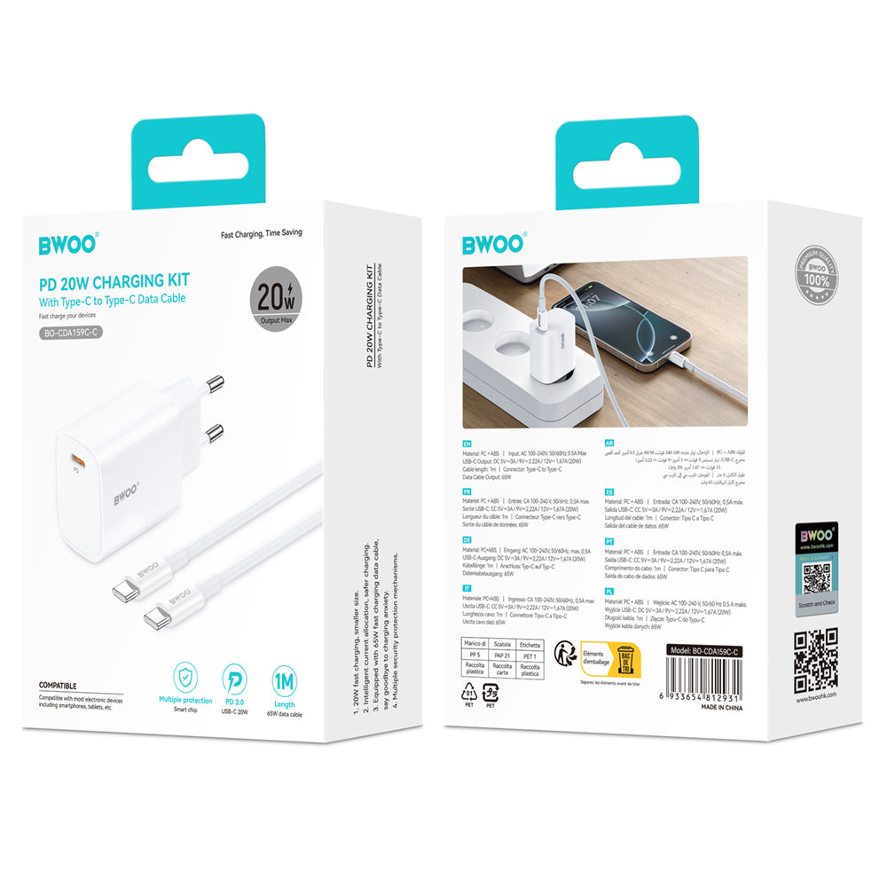 BWOO CDA159 PD wall charger 20W 1x USB-C port + USB-C white
