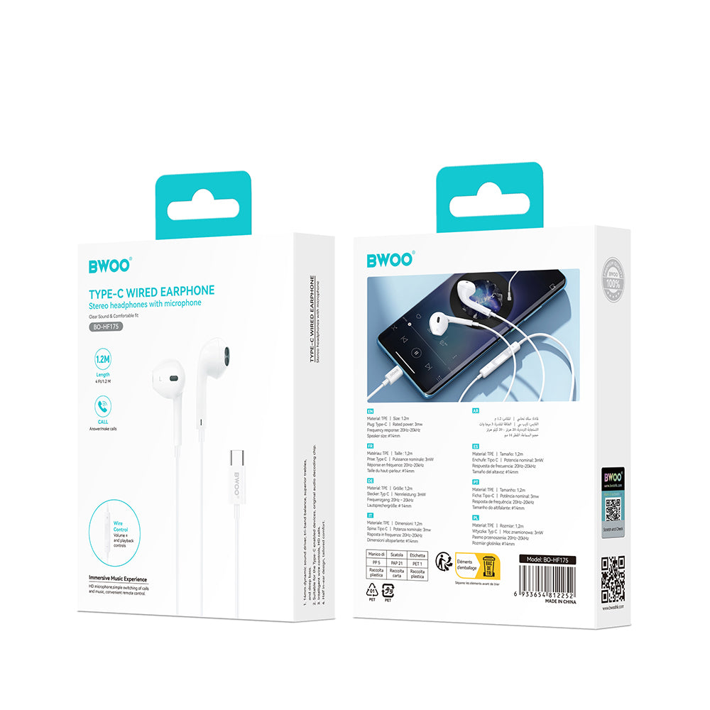 BWOO wired earphones HF175 USB-C digital interface white