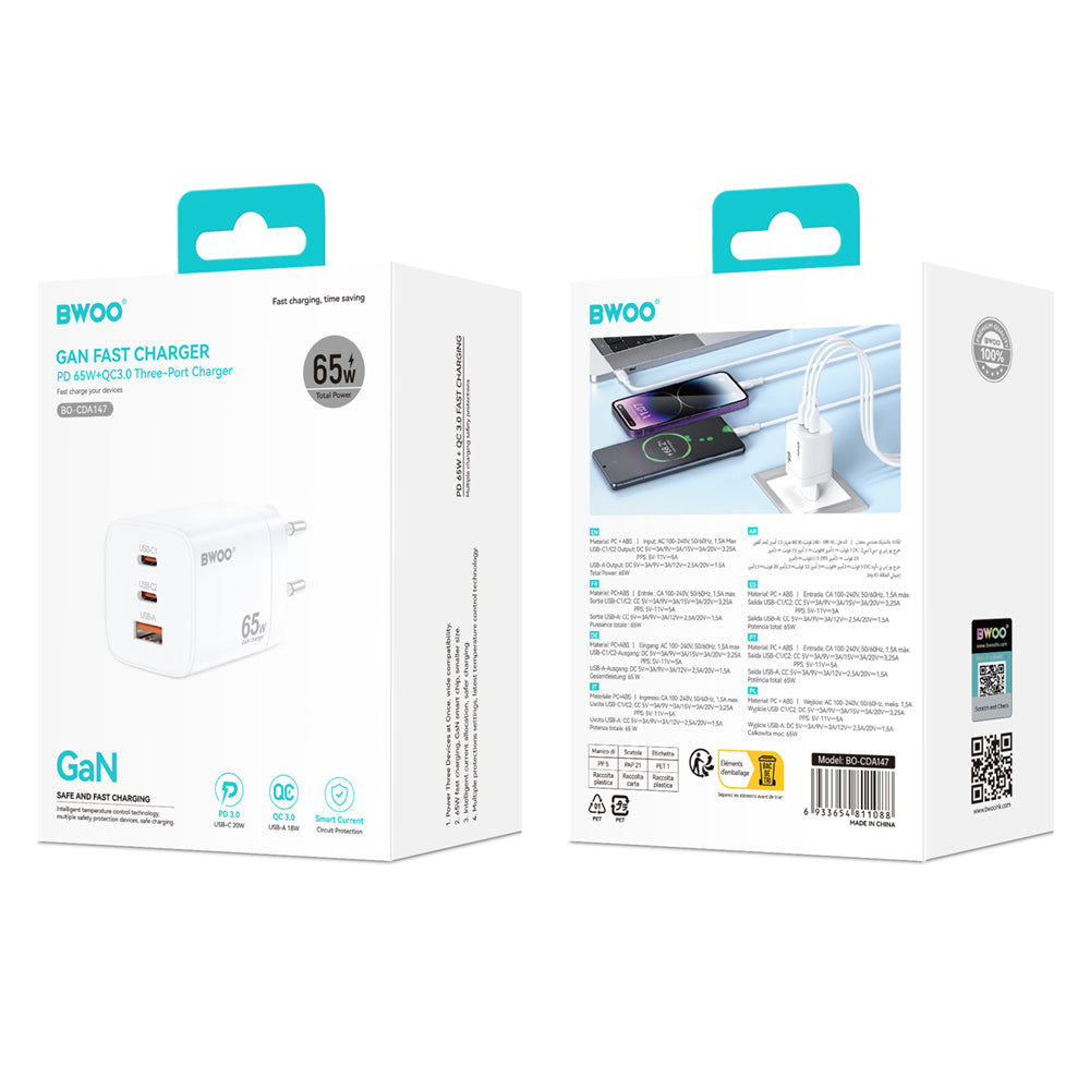 BWOO CDA147PD wall charger 65W 2x USB-C port + USB-A white