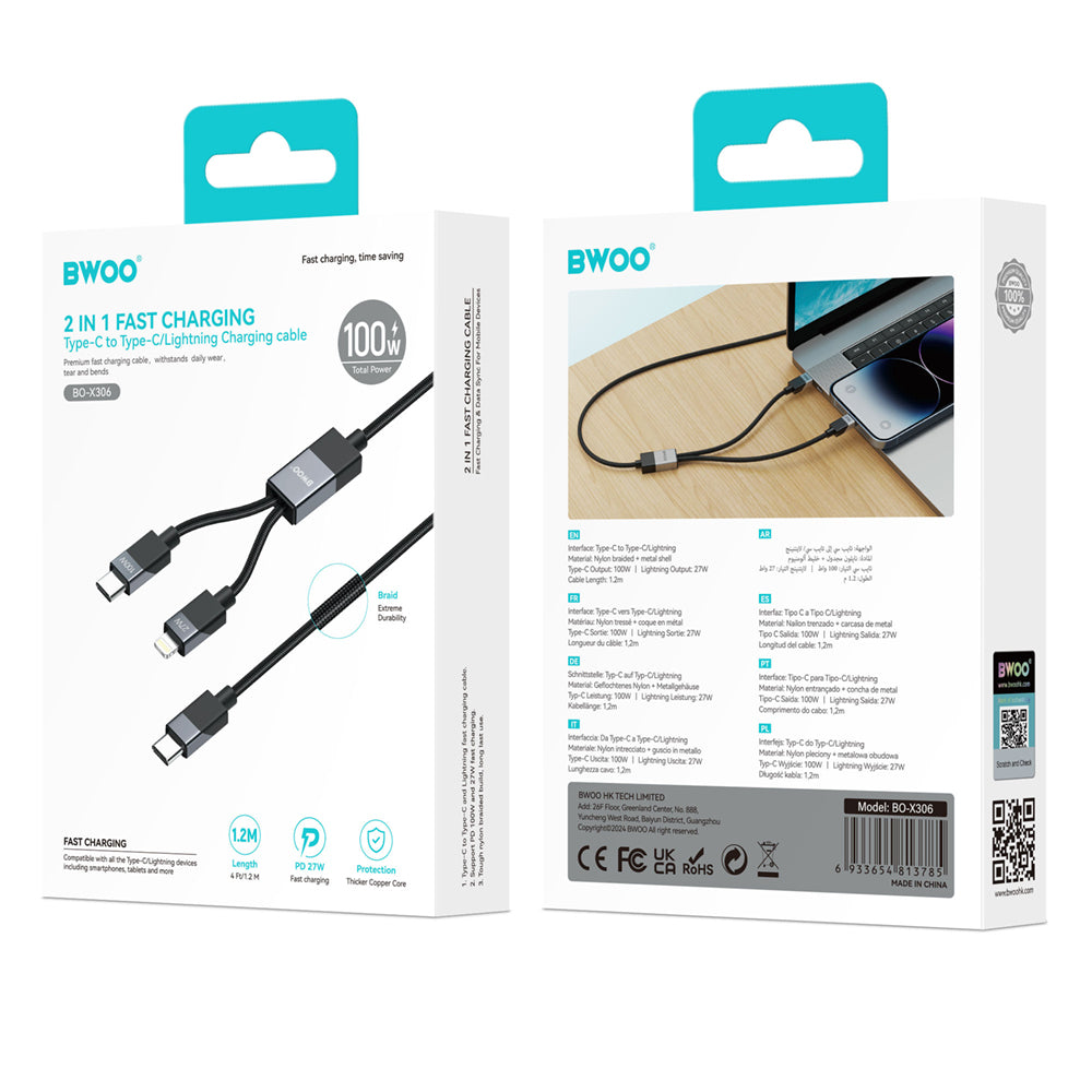 BWOO Braided 2-in-1 Cable USB-C - USB-C and Lightning 1m 100W/27W black