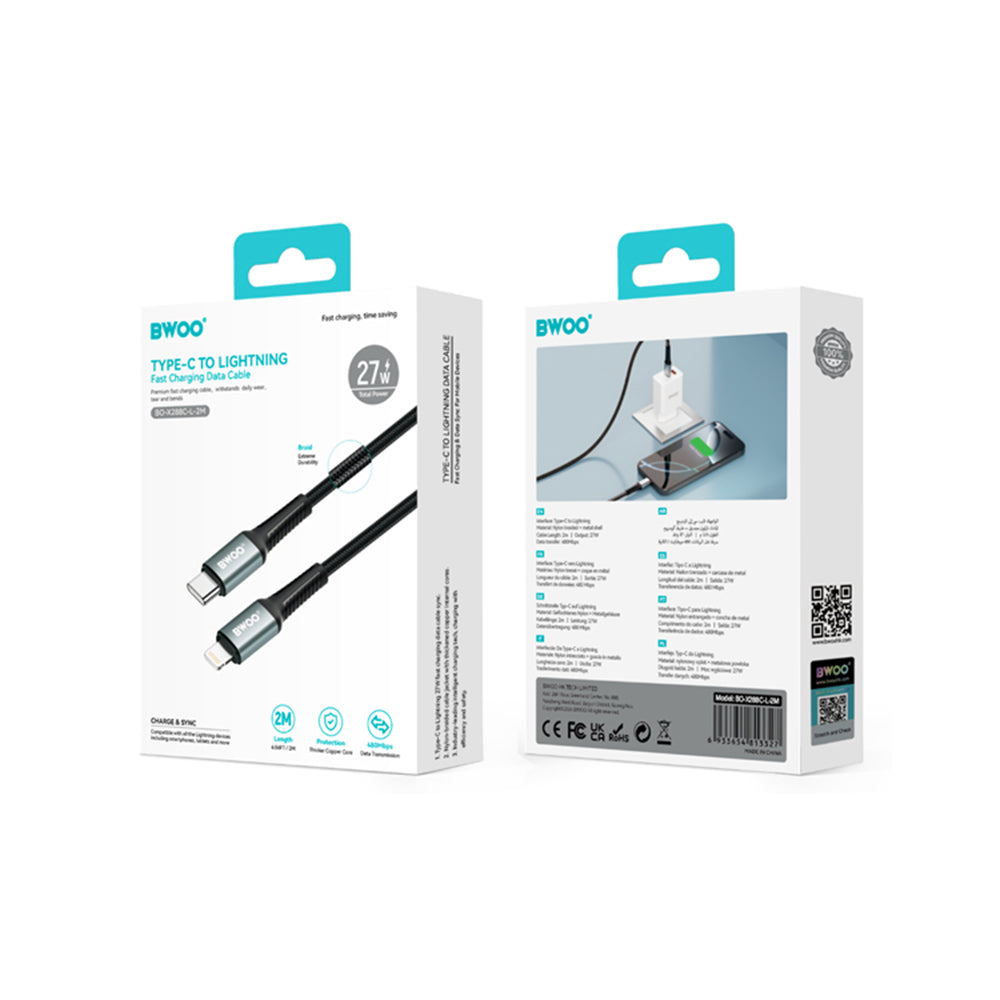 BWOO Braided Cable USB-C - Lightning 2m 30W black