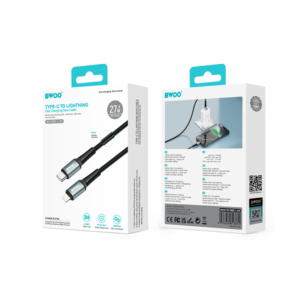 BWOO Braided Cable USB-C - Lightning 3m 30W black