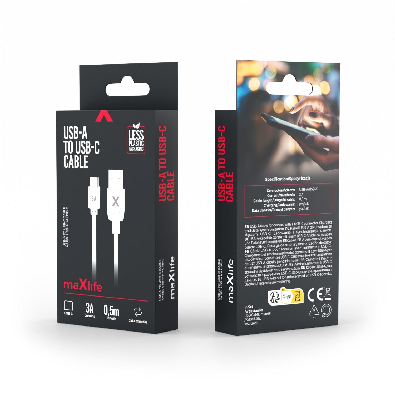 Maxlife cable USB - USB-C 0,5 m 3A white