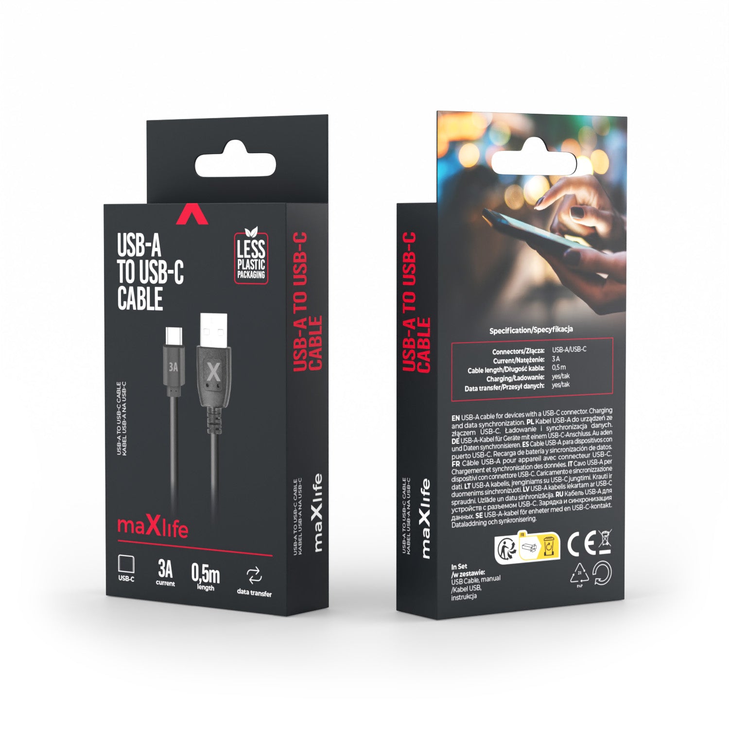 Maxlife cable USB - USB-C 0,5 m 3A black