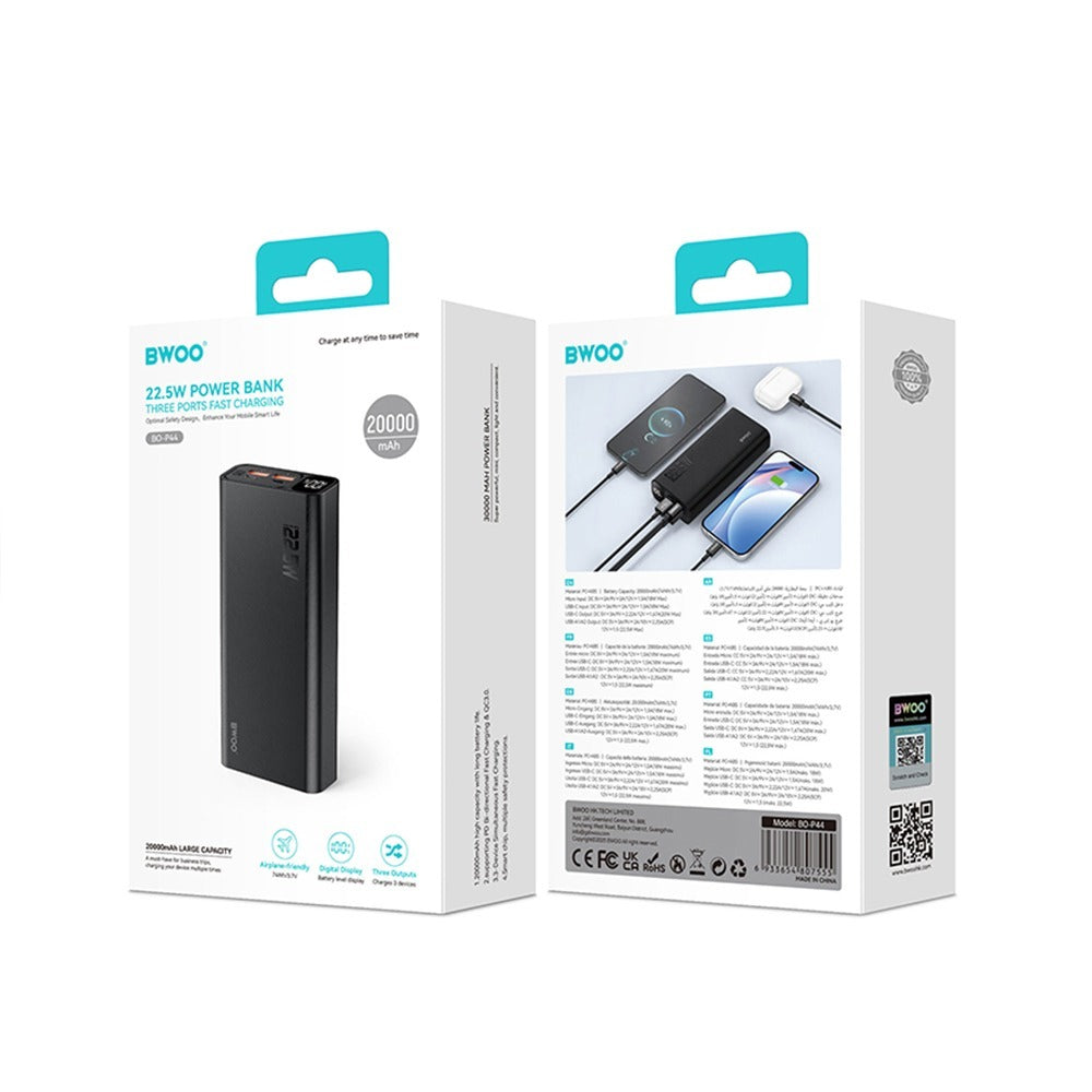 BWOO 22,5W 20000 mAh power bank with LCD screen, black