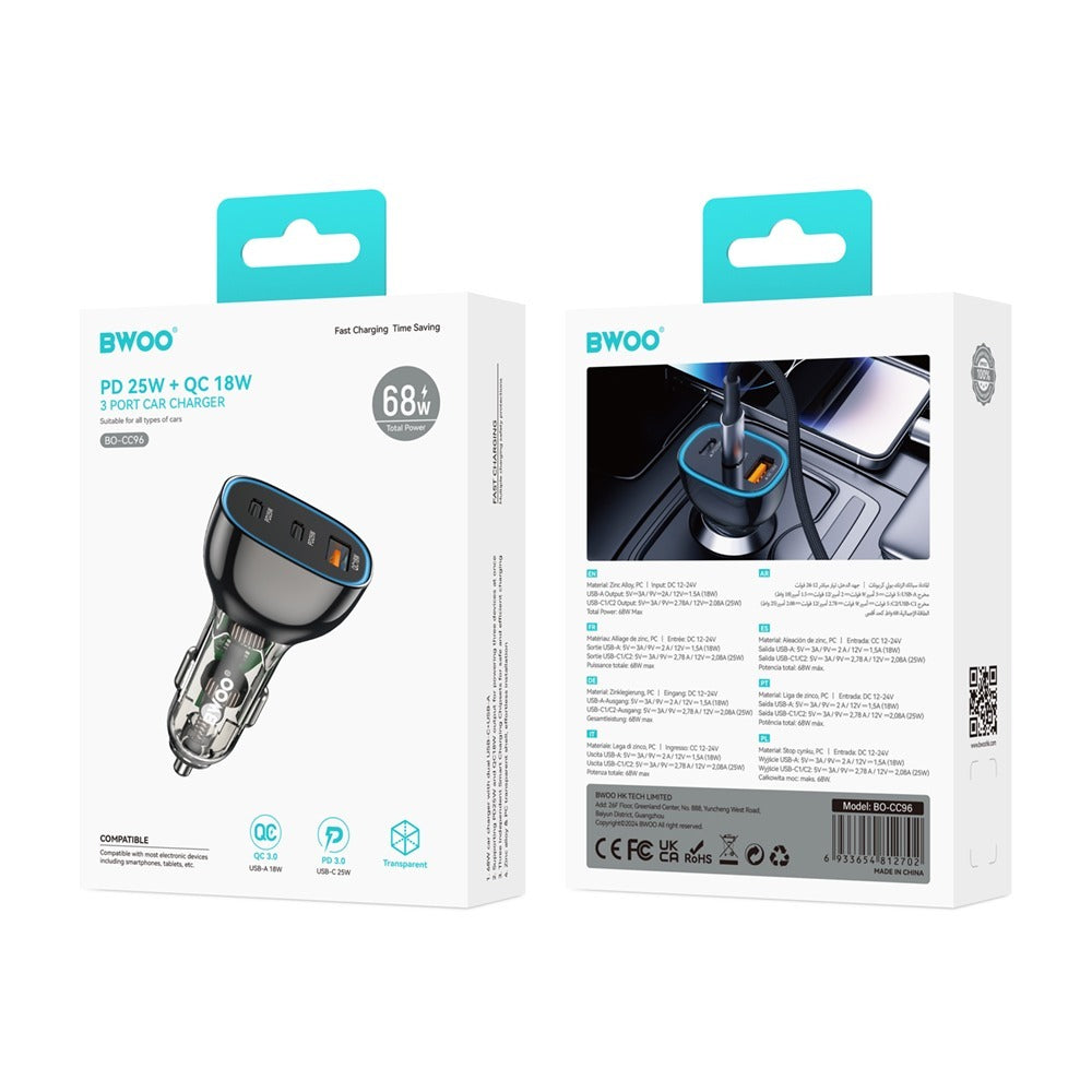 BWOO PD car charger 2x USB-C port + USB-A 68W black