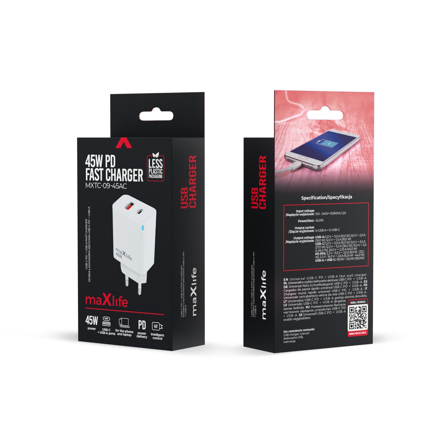 Maxlife MXTC-09-45AC GaN PD QC charger 1x USB-C 1x USB 45W white