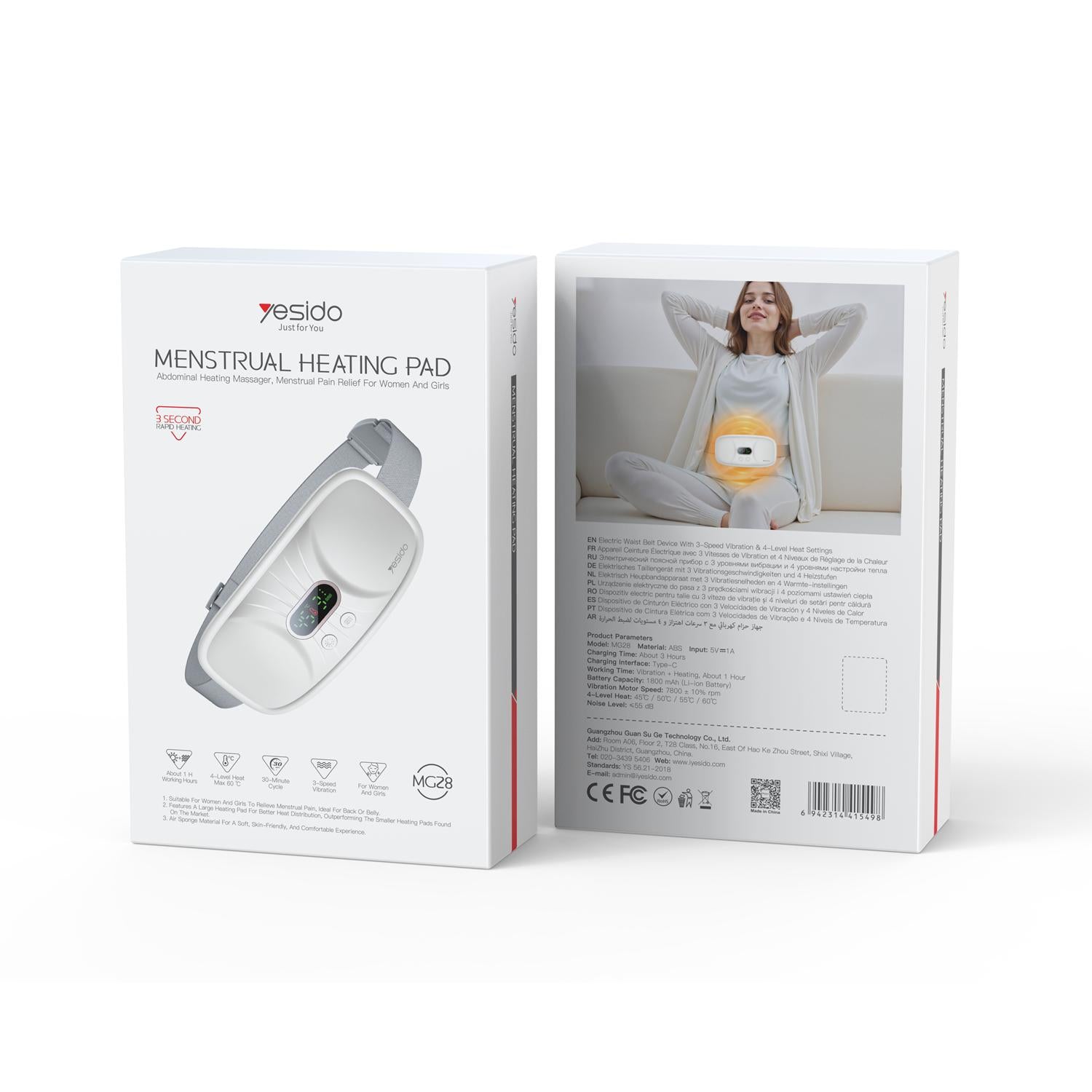 Yesido Menstrual Belt MG28 white 1800mAh with 4-level heat settings & 3 vibration speeds