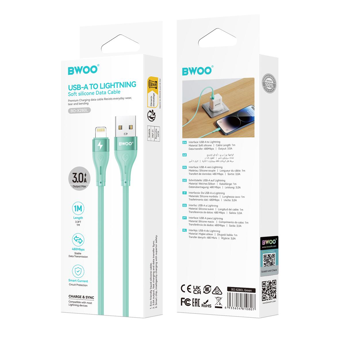 BWOO Minimalist Silicone 3A Cable X280L USB-A to Lightning green