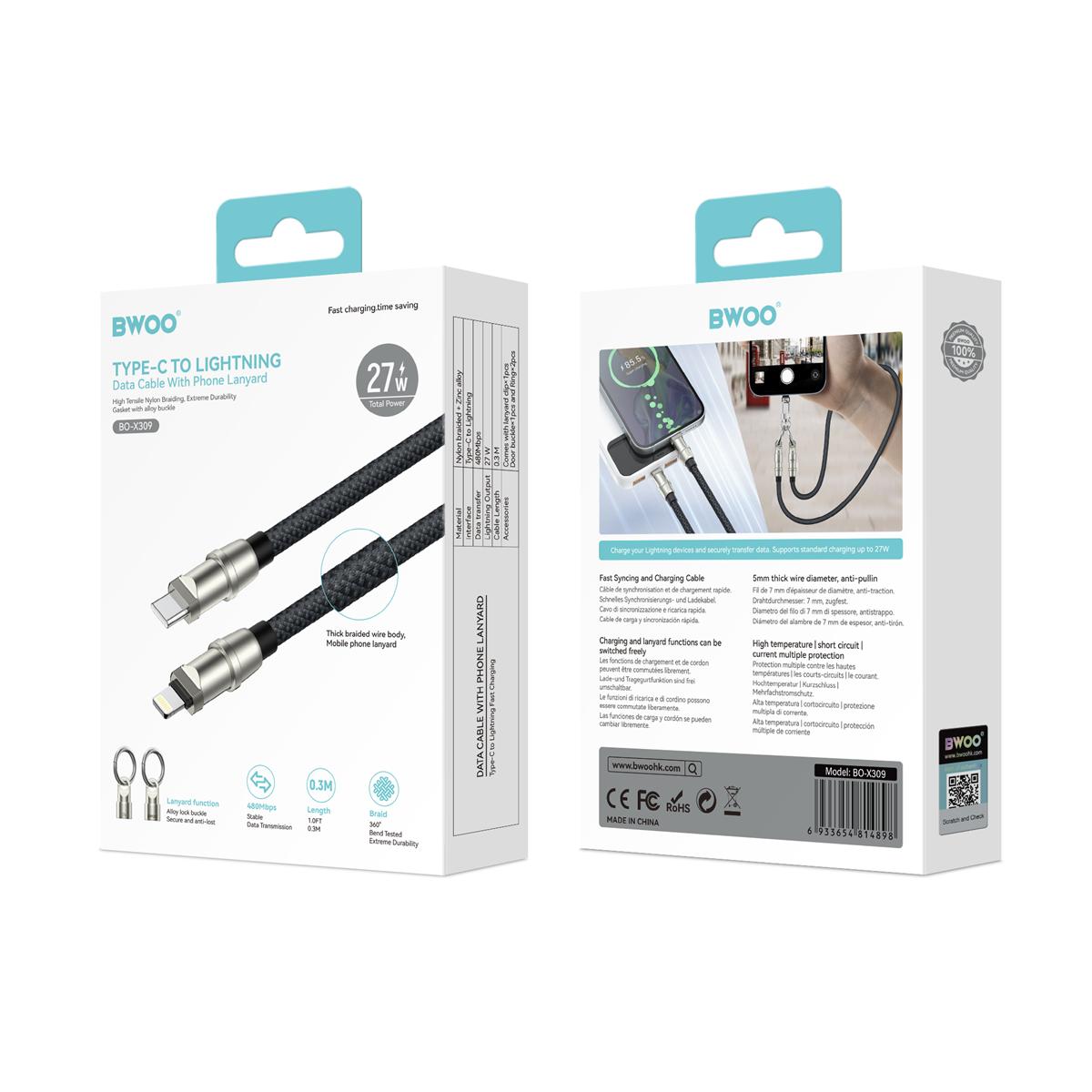 BWOO Lanyard Cable USB-C - Lightning 0.3m 27W with strap