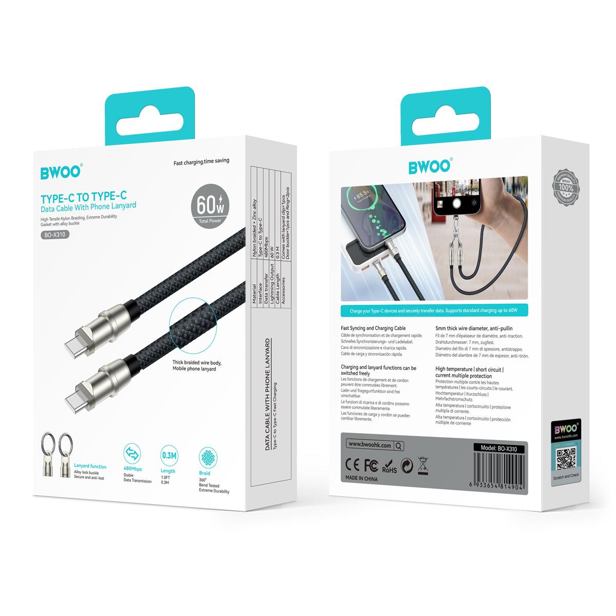 BWOO Lanyard Cable USB-C - USB-C 0.3m 60W with strap