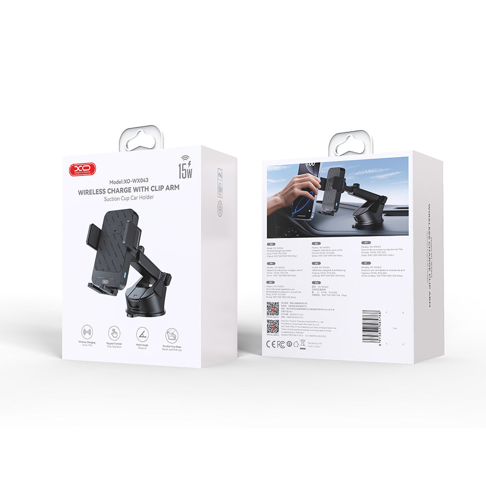 XO car holder WX043 with wireless inductive charger black 15W with suction cup