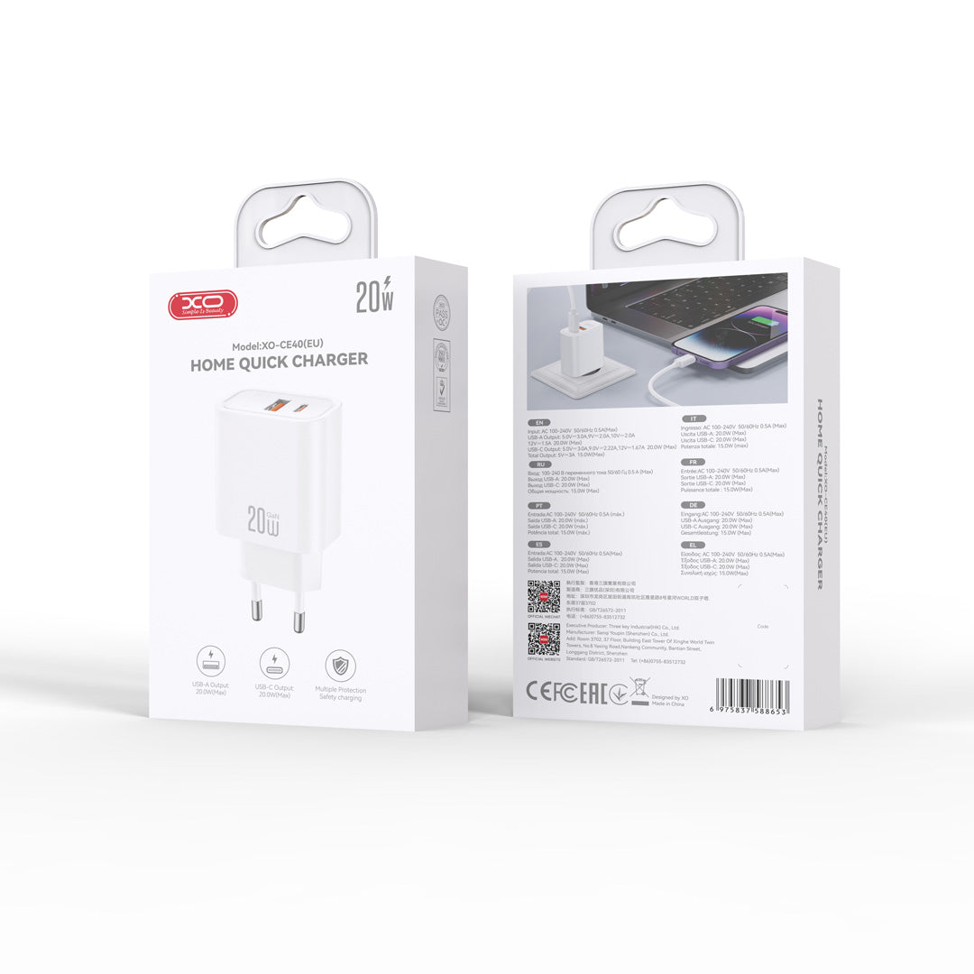 XO wall charger CE40 PD 20W 1x USB-C 1x USB white