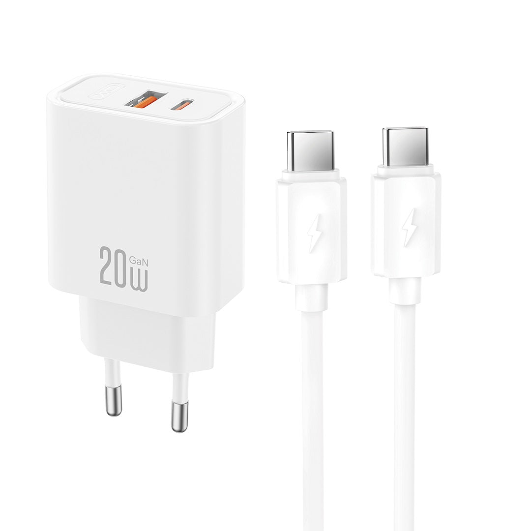 XO wall charger CE40 PD 20W 1x USB-C 1x USB white + cable USB-C - USB-C