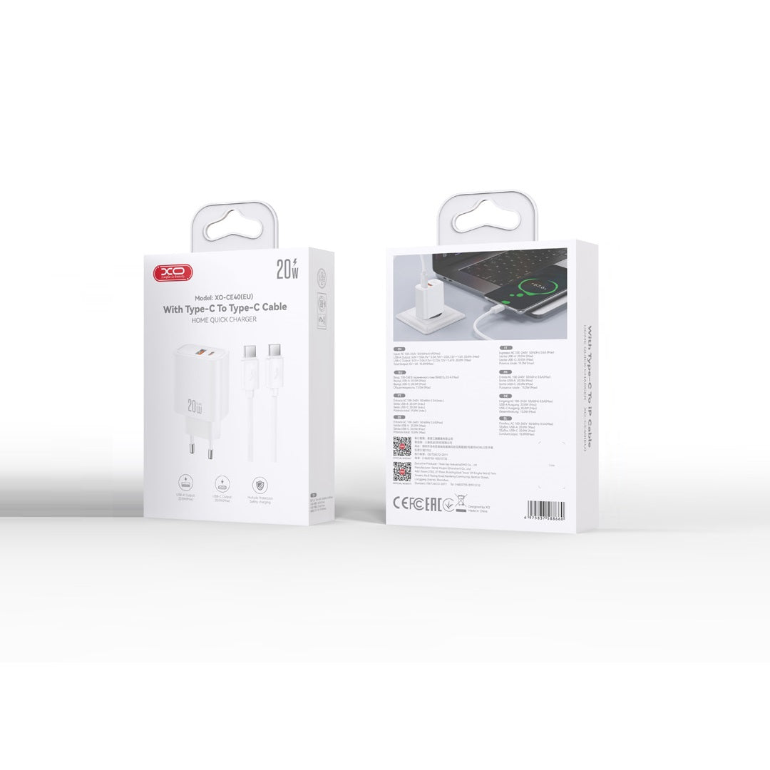 XO wall charger CE40 PD 20W 1x USB-C 1x USB white + cable USB-C - USB-C