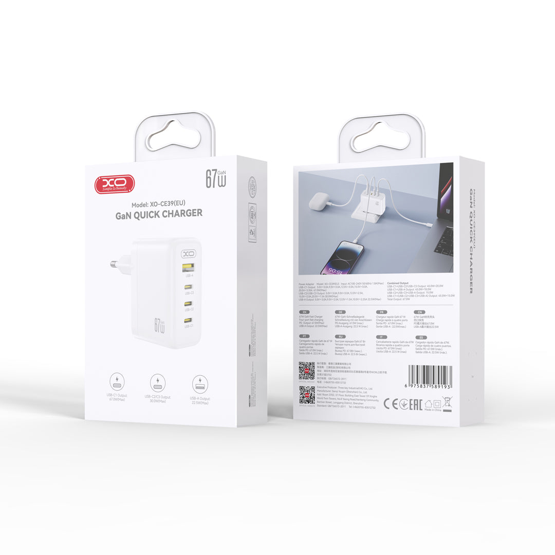 XO wall charger CE39 PD 67W 3x USB-C 1x USB white